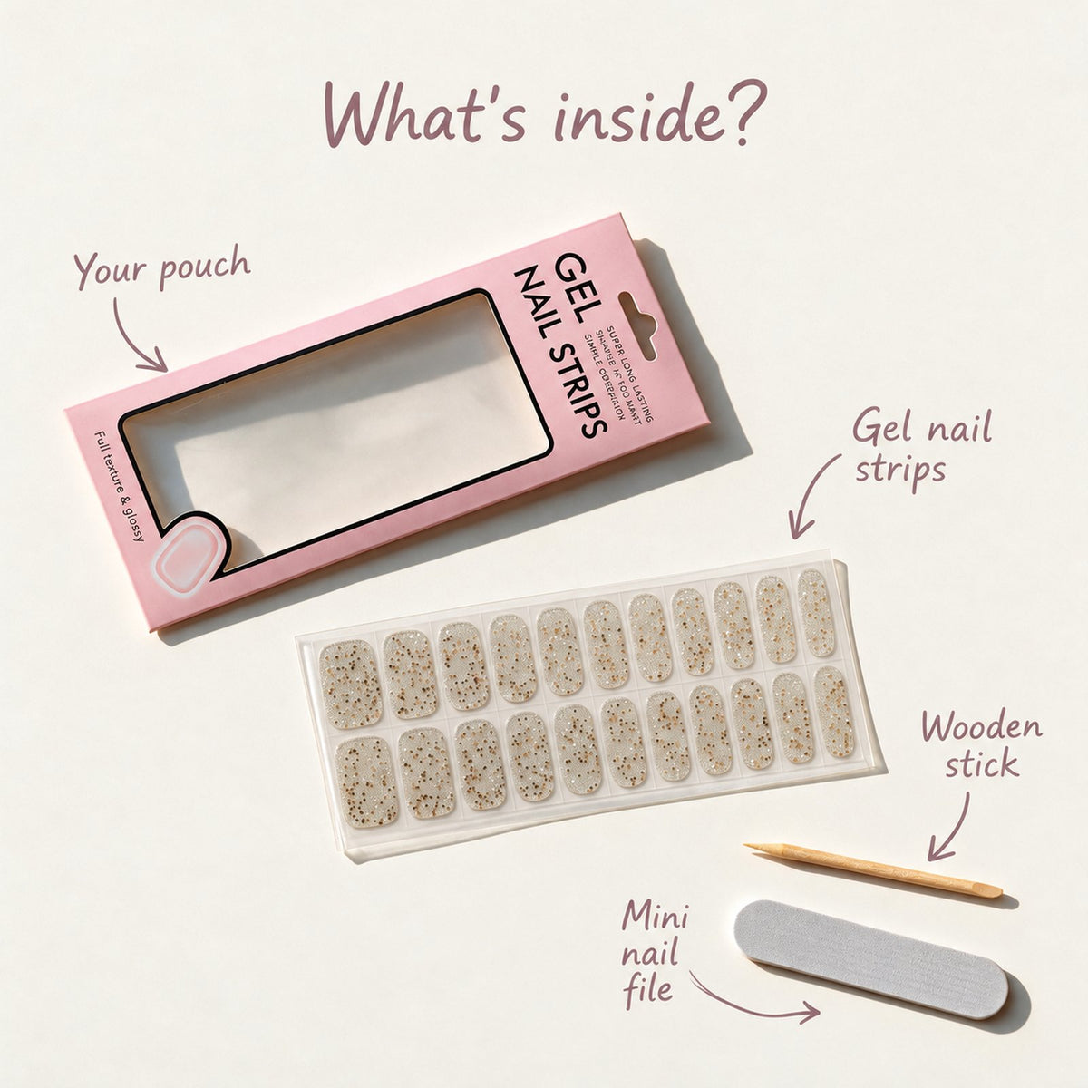 What's inside a Juju Tips set: the pouch, a sheet of gel nail strips, a wooden stick and a mini nail file